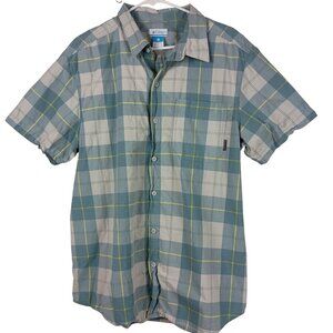 Columbia Mens Plaid Button-Up Short Sleeve Shirt L Blue Yellow Casual Wear